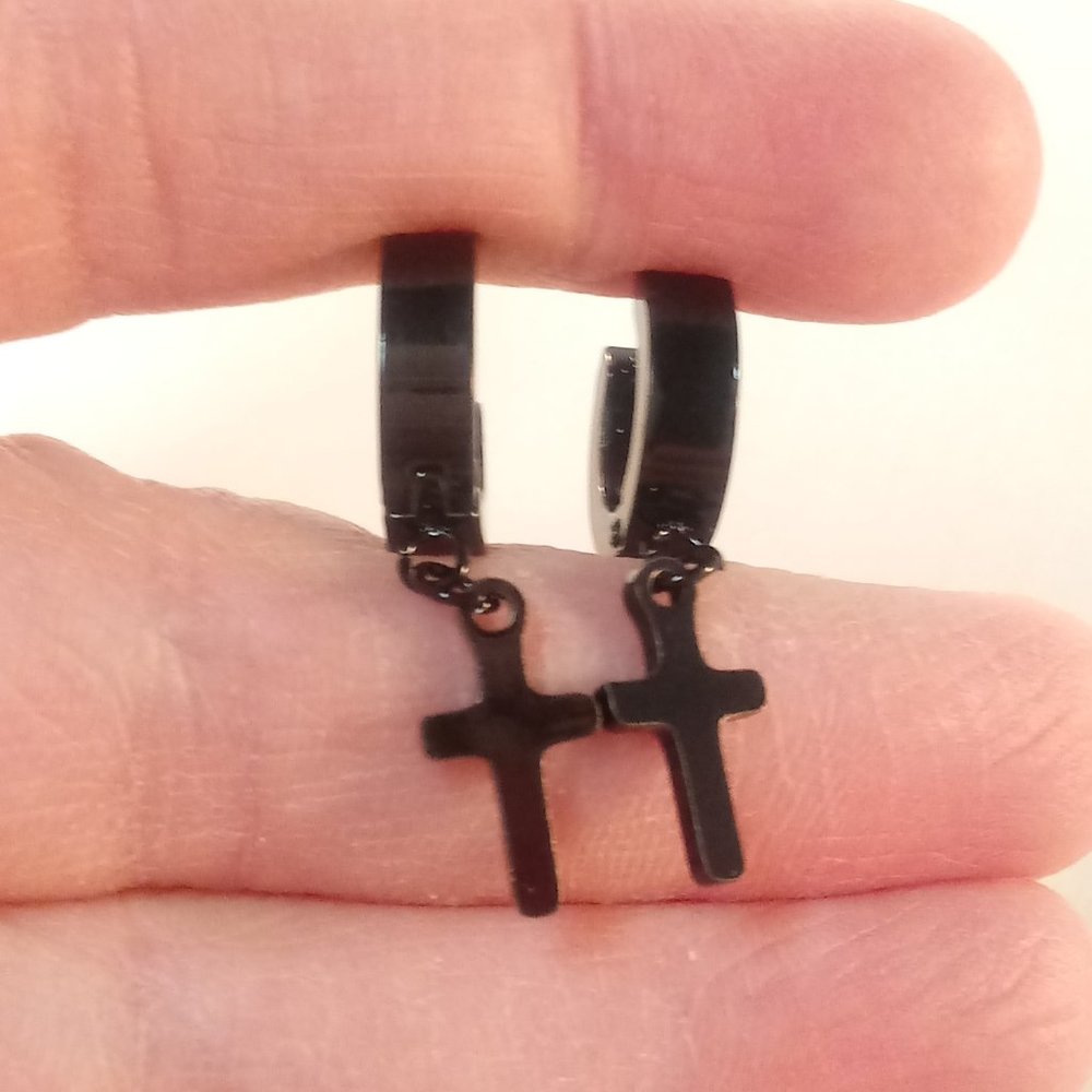 Mens Black Stainless Steel Cross Hoop Huggie Dangle Earrings 14mm Party Gift - Picture 3 of 4